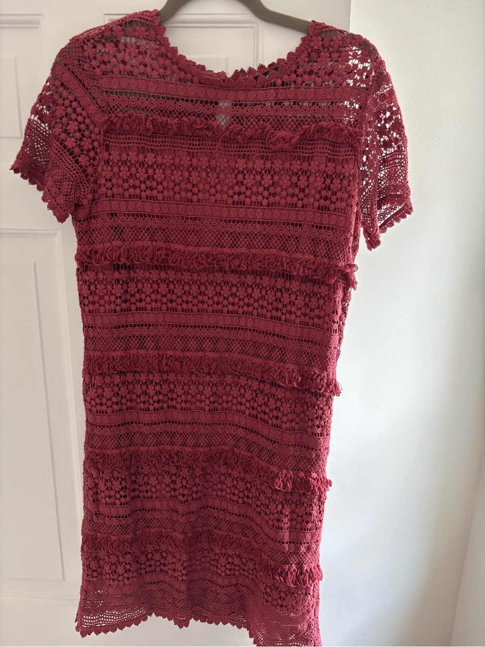 O2SKY Anthropologie Rust Crochet Lace Fringe Dress XS